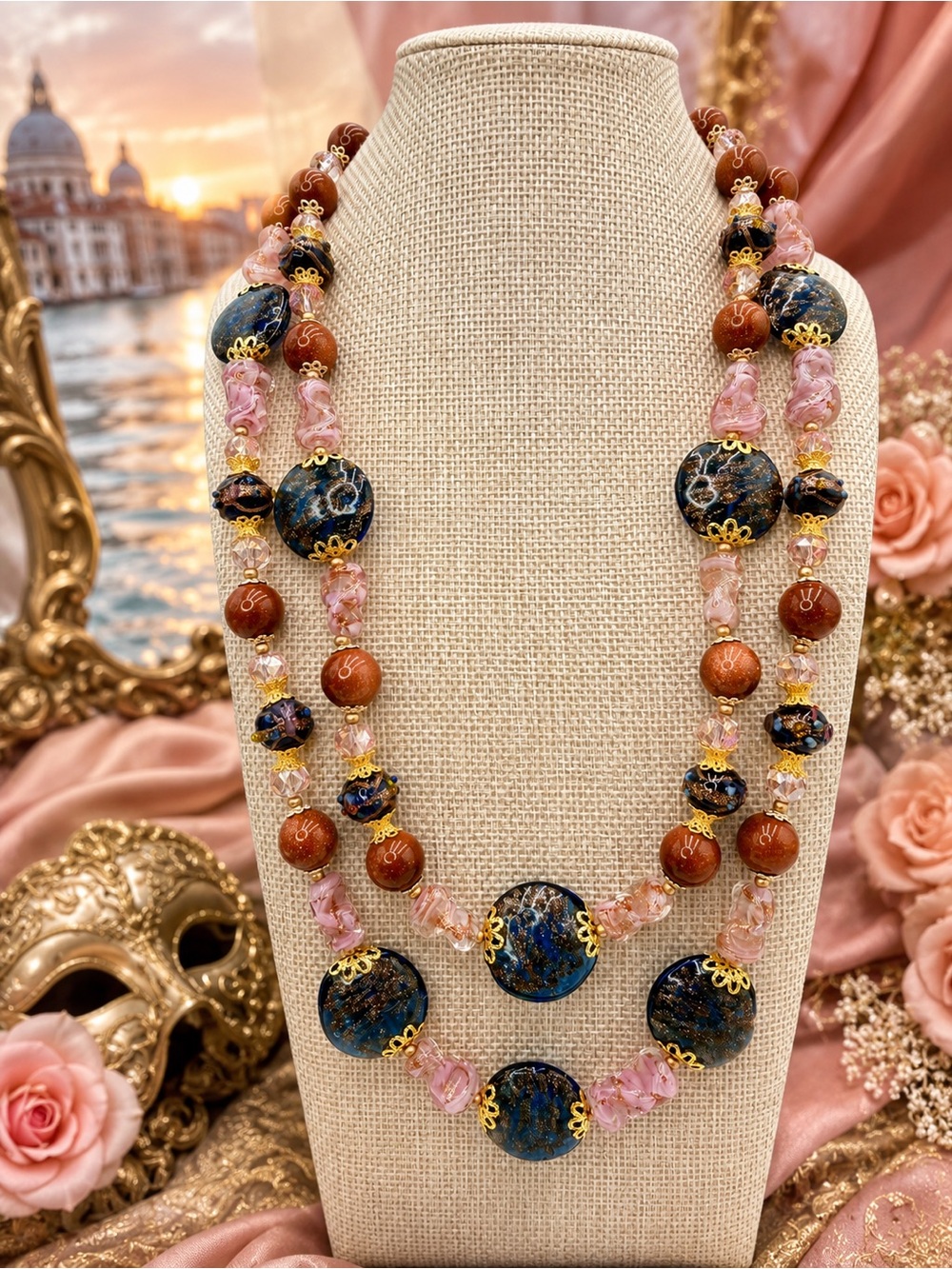 Artisan Double Strand Venetian Glass Goldstone Swarovski Crystal Necklace 20-22”